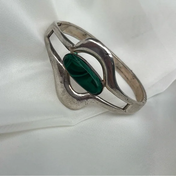 Taxco TH 59 Mexico Malachite stone Sterling Silver 925 Bracelet - Picture 2 of 5
